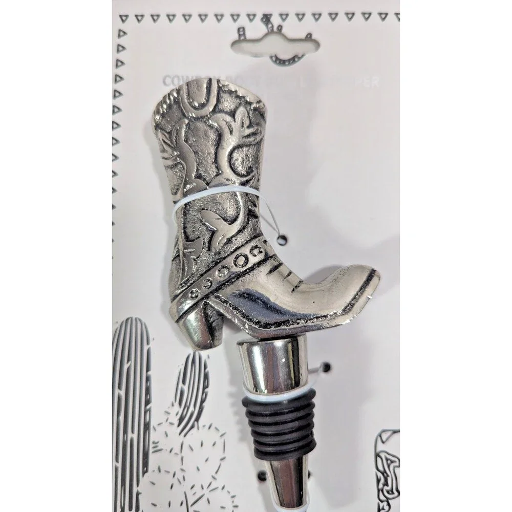 Cowboy Boot Wine Bottle Stopper Silver Metal 5.5-inch Western New Home Gift